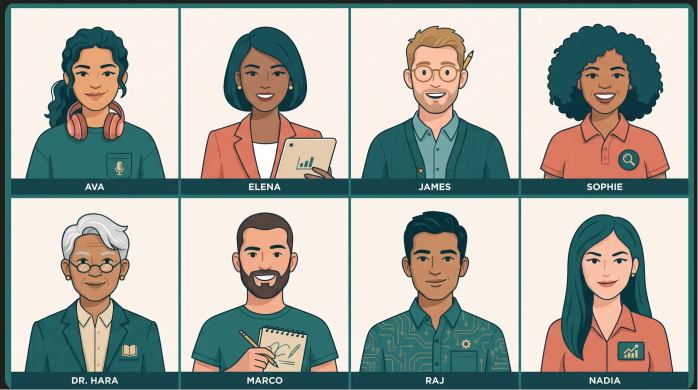 An avatar grid of eight illustrated AI agents — the Dream Team — labeled Ava (Research), Elena (Draft), James (Build-support), Sophie (QA), Dr. Hara (Ethics review), Marco (Storyboard), Raj (Systems), and Nadia (Analytics).